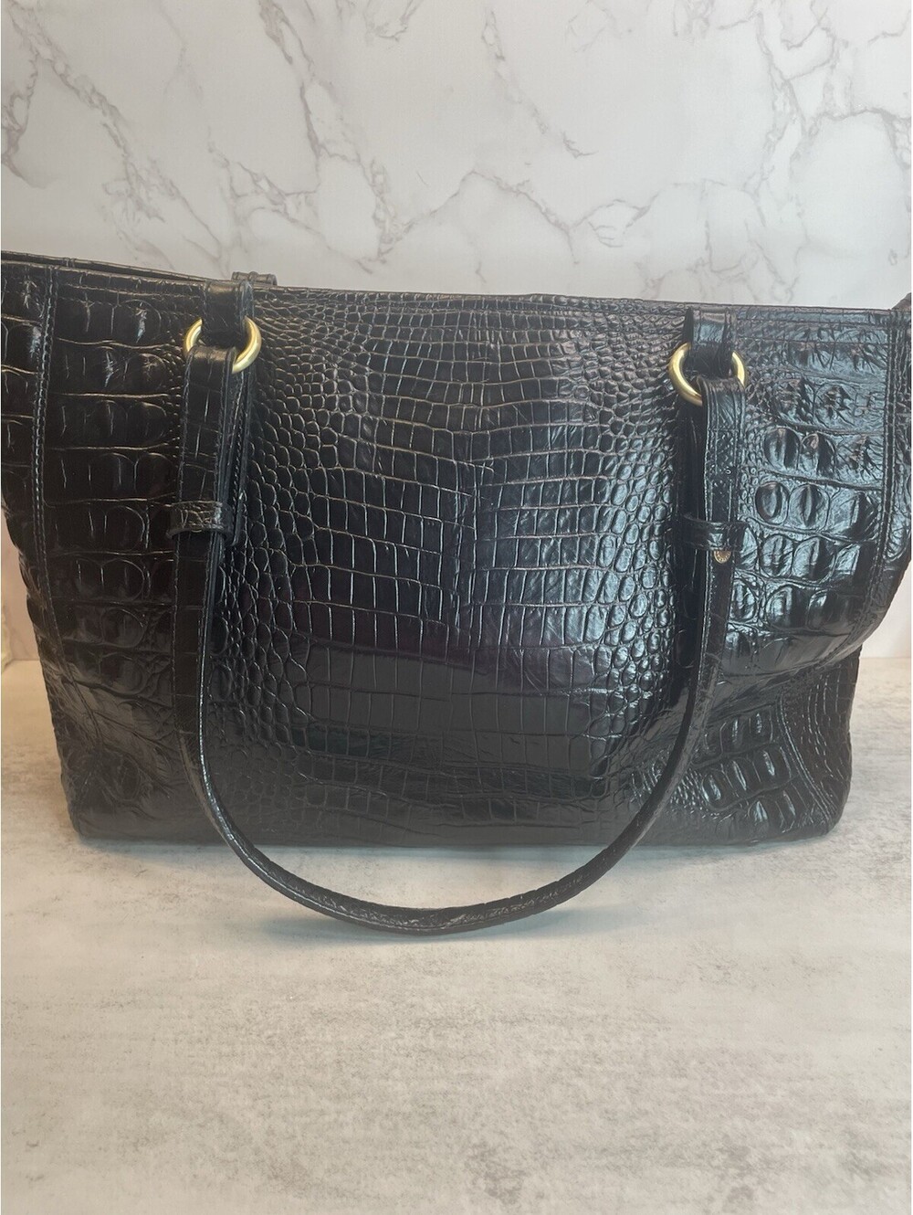 BRAHMIN Black Croc Embossed Melbourne Leather Shoulder Bag Gold Tone Hardware - Picture 5 of 11